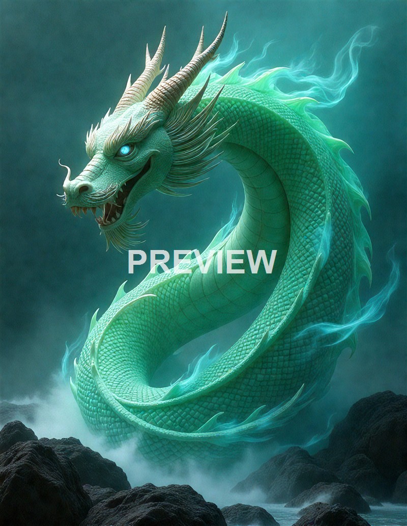 A majestic, glowing green dragon with sharp horns and glowing blue eyes, coiled above rocky terrain with mist and clouds in the background.